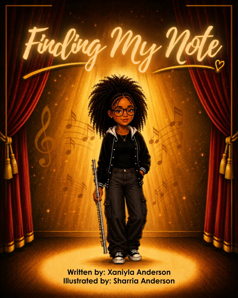 A Black, teen female with natural curly hair, on a performance stage holding her flute by her side with the stage curtails pulled on the side, spotlight on her, and musical notes and staffs surrounding her.