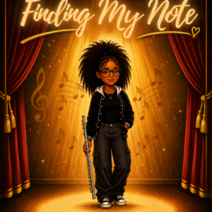 A Black, teen female with natural curly hair, on a performance stage holding her flute by her side with the stage curtails pulled on the side, spotlight on her, and musical notes and staffs surrounding her.