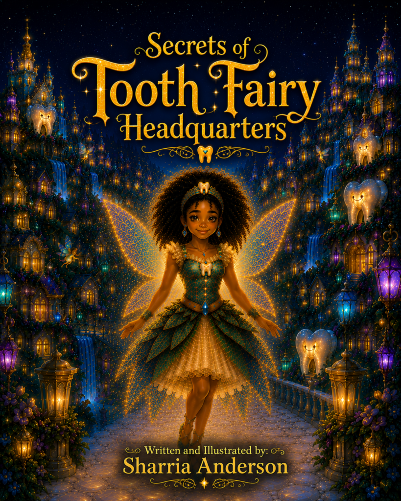 Radiant, Black tooth fairy positioned in front of the tooth fairy headquarters.