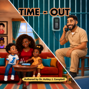 Time-Out cover showing the mother, son, and daughter sitting on their living room couch with a cell phone ringing in front of them, with the image split and showing the father incarcerated and on the phone.